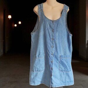 Vintage True Blue Denim Button-Down Sleeveless Dress jeans pockets 100% cotton